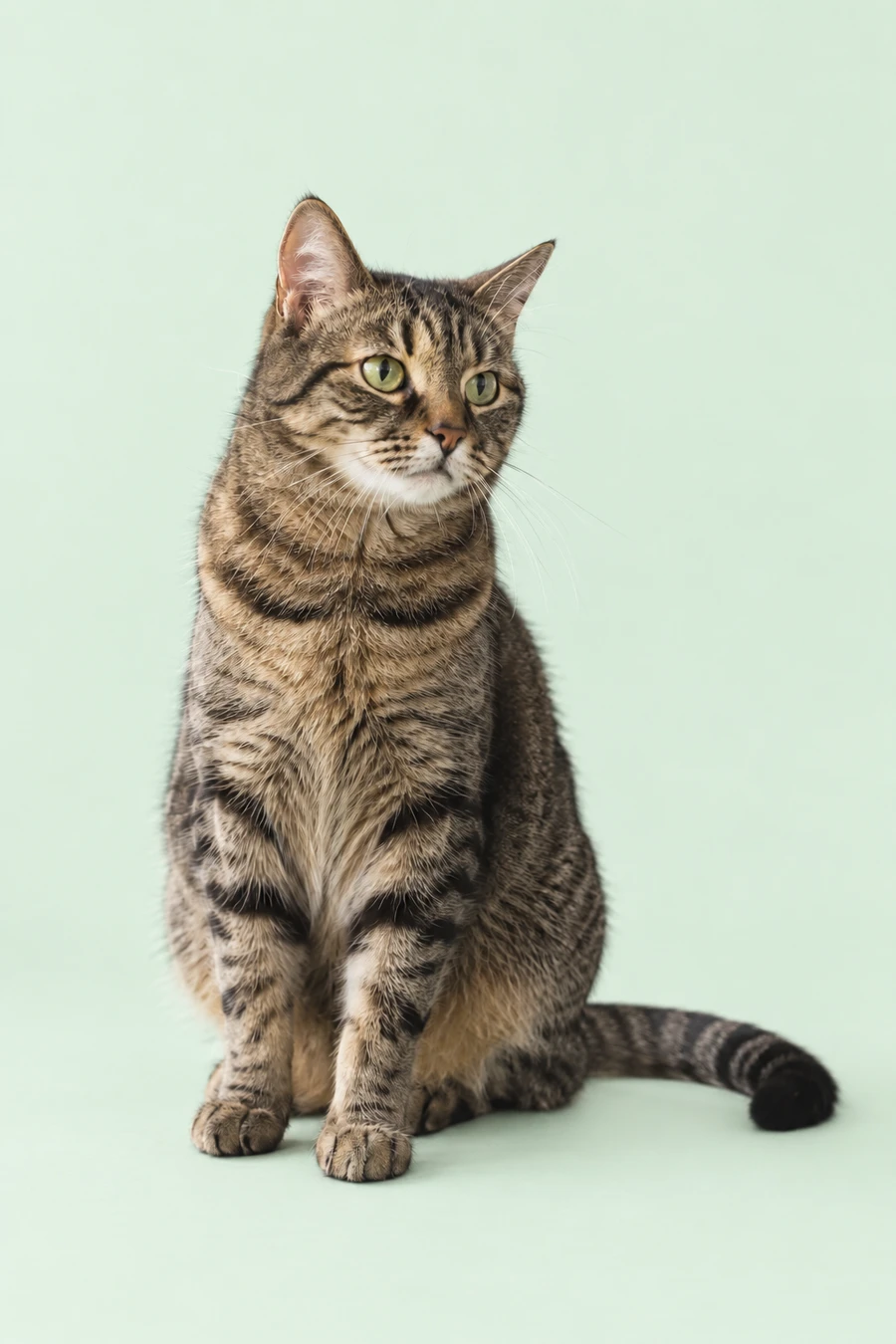 Photorealistic generated tabby cat with green eyes
